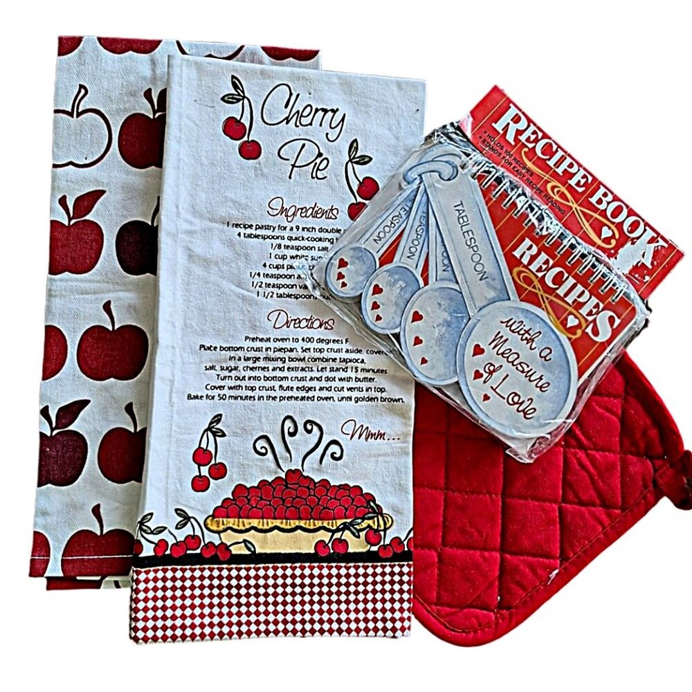 4 Piece Red Recipe Book Tea Dish Towel Potholder Kitchen Gift Set